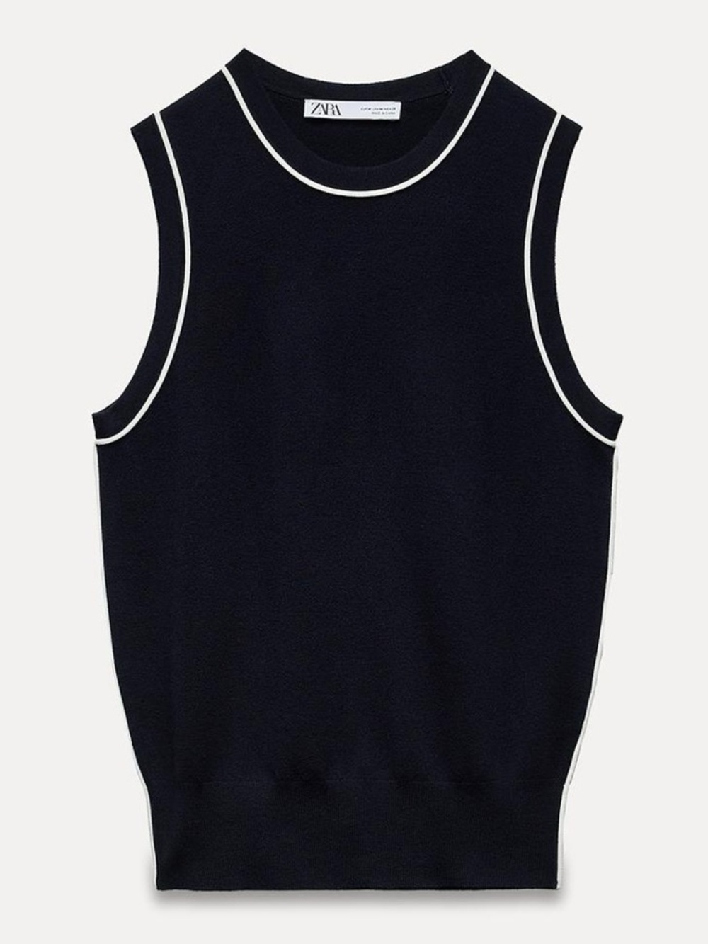 Zara Basic Knit Top with Contrasting Piping in Navy Blue Size S